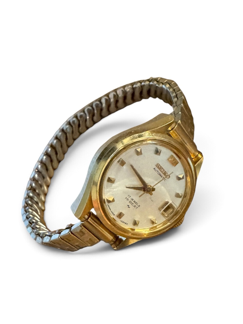 🩶🌟VTG 1973 Seiko Women’s Automatic Gold Tone Minimalist Stretchy Bracelet Watch